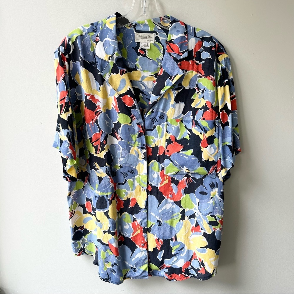 Christian Dior rayon tropical floral printed button down blouse